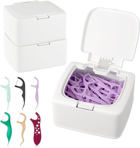 2-Pack Floss Pick Holder and Qtip Holder with One-Touch Opening, Quick Refill for Floss Picks, Cotton Swabs, Balls, Pads -...