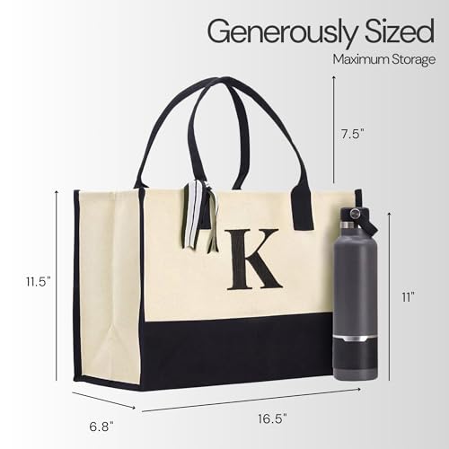 Salt Earth Personalized Initial Canvas Tote Bag for Women, Large Cotton Monogram Beach Grocery Reusable Work Travel Tote
