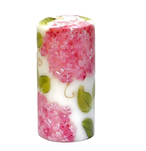 Beautiful Large Tall Decorative Romantic Hand Painted Pink Hydrangea Flower White Pillar Candle with Golden Swirls Big Flo...