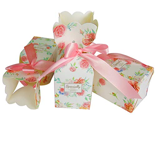 Lontenrea 50 Pcs Floral Pattern Candy Boxes Wedding Birthday Party Favor Gift Box with 50pcs Light Pink Ribbon