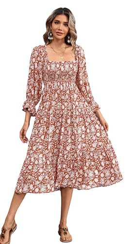R.Vivimos Women's Summer Cotton Plaid Puff Sleeves Bow Casual Off-Shoulder Boho Midi Dress