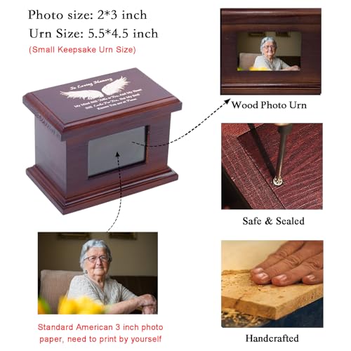 5.5 Inch Small Wooden Memorial Urn with Photo Frame, Keepsake Urn Box for Human/Pet Ashes - Wing