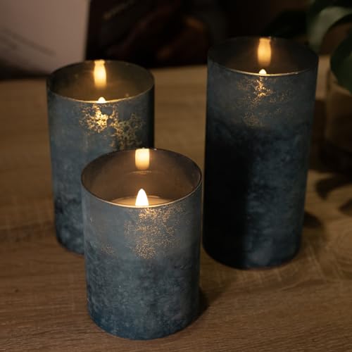 HJANDHJ Blue Flickering Flameless Candles with Remote - Handmade Sandblast Glass Battery Operated LED Pillar Candles for H...