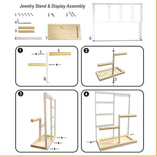 Jewelry Organizer Stand, Jewelry Holder, Lengnoy 4 Tier Earring Holder with 48 Holes and 6 Hooks Necklace Organizer Wood B...