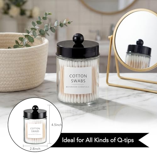 Amolliar 2 Pack Qtips Dispenser Holder - Bathroom Countertop Storage Organizer Containers - Glass Apothecary Jars with Bla...