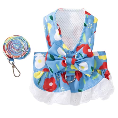 Anelekor Floral Dog Harness and Leash Set - Bow Knot Girl Puppy Princess Skirt with D-Ring Mesh Summer Pet Clothes for Cat...