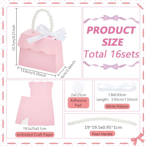 BENECREAT 16 Sets Pink Wedding Favors Box DIY Set, Kraft Paper Box with Pearl Handle, Ribbons, Stickers, Gift Boxes for Bi...