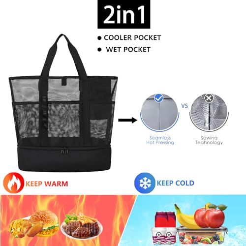 UYLIA Beach Bag with Cooler,Mesh Beach Bags for Women Sandproof for Pool and Swimming Travel Daily with Durable 8 Pocket