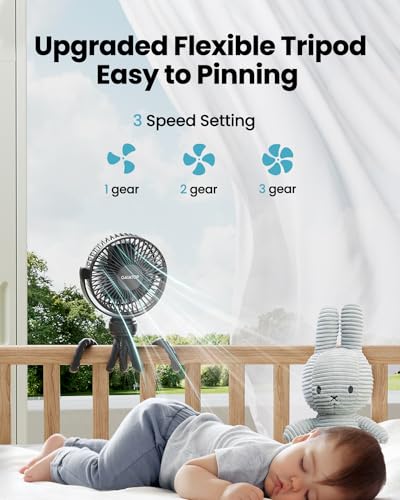 Gaiatop Mini Portable Stroller Fan, Battery Operated Small Clip on, Detachable 3 Speed Rechargeable, 360° Rotate Flexible ...