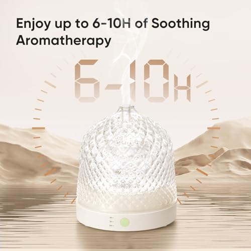 Lecdura Glass Essential Oil Diffuser, 200ml Ultrasonic Aroma Diffusers with Glass Reservoir Dome & White Plastic Base Lock...