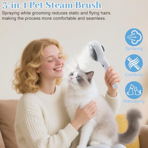 Pet Steam Brush for Dog & Cat, 3-in-1 Steam Grooming Comb - Dog Steam Brush for shedding, Brushes for Indoor Cats Steam fo...