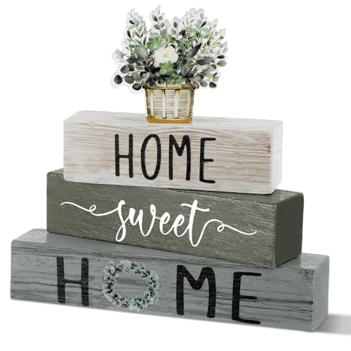 Cinnvoice 4 Pcs Farmhouse Wooden Tabletop Decor Green Eucalyptus Leaves Spring Rustic Tiered Tray Decor Home Sweet Home Ta...