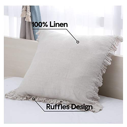 King Linens 100% French Linen Throw Pillow Covers - Set of 2 - Washed Flax Decorative Ruffled Square Cushion Cover Solid C...