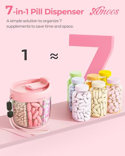AMOOS Cute Pill Dispenser with 7 Compartments, Pill Bottle Organizer with Anti-Mix Design, Portable Pill Organizer for Tra...