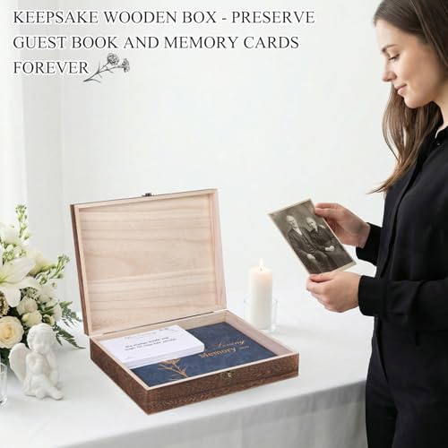 Funeral Guest Book Set with Wooden Keepsake Box – Includes 50 Blank Memory Cards, Memory Table Card, Instruction Card, Car...