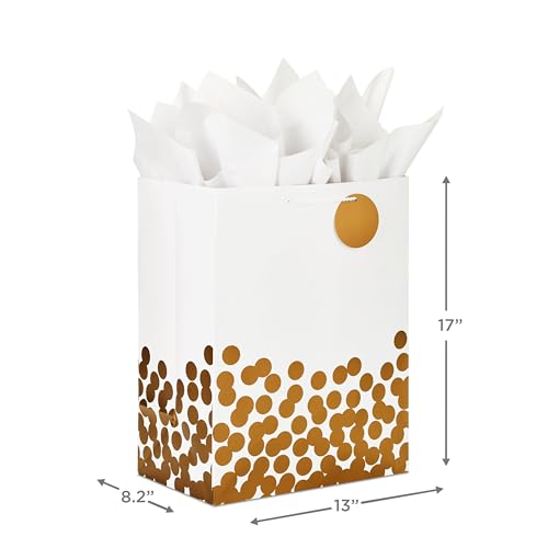 Hallmark 17" Extra Large Gift Bag with Tissue Paper (White with Gold Polka Dots) for Valentine's Day, Weddings, Engagement...