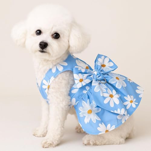 Small Dog Harness Dress Bow Female Dog Clothes Print Flower Girl Dog Harness Dresses Puppy Outfits with Leash Set Summer C...