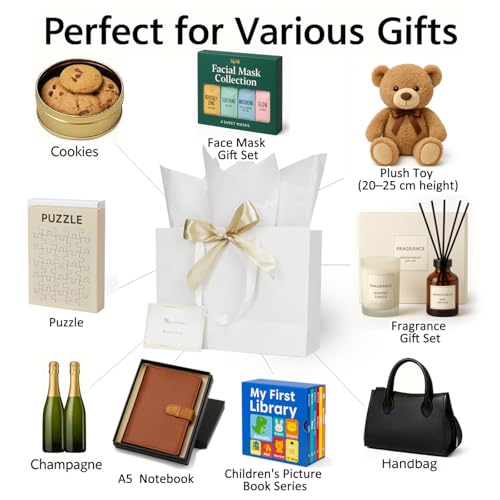 Papertide 2 Pack 13x5x10 Inch Large White Gift Bag Set with Tissue Paper, Greeting Card & Ribbon, Big Gift Wrapping Kits f...