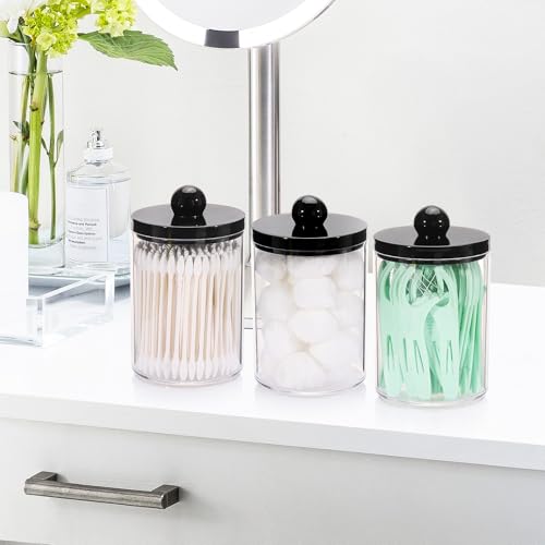 Tbestmax 10oz Qtips Holder - Bathroom Organizers and Storage Containers Plastic Apothecary Jar with Black Lids for Cotton ...