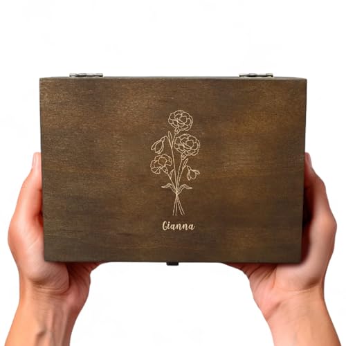 Personalized Birth Flower Memory Box – Custom Engraved Wooden Keepsake Chest with Floral Design | Jewelry, Photos & Mement...