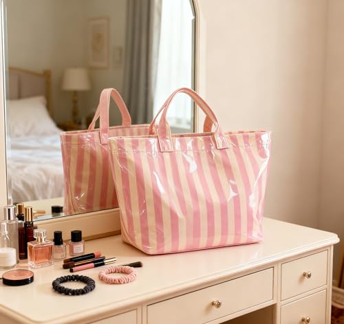 Hibilog Women’s Waterproof PVC Tote Bag for Women, Large Stripe Plastic Top Handle Oversize Hobo Bag for Travel Work Shopper