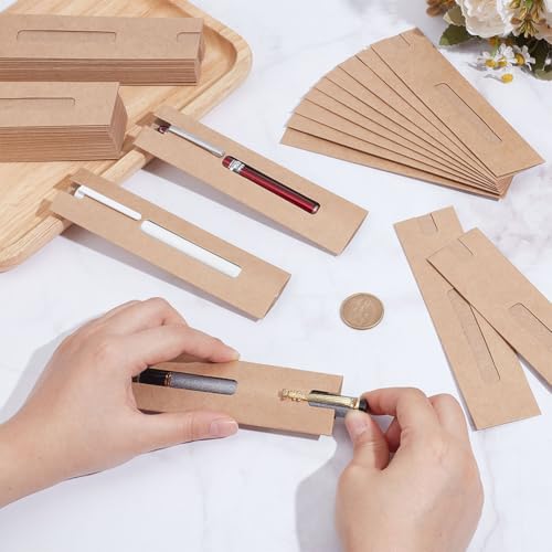 NBEADS 120 Pcs Kraft Pen Gift Boxes, Burlywood Slip-in Pen Packaging Box with Clear Window for Pencil Ballpoint Fountain P...