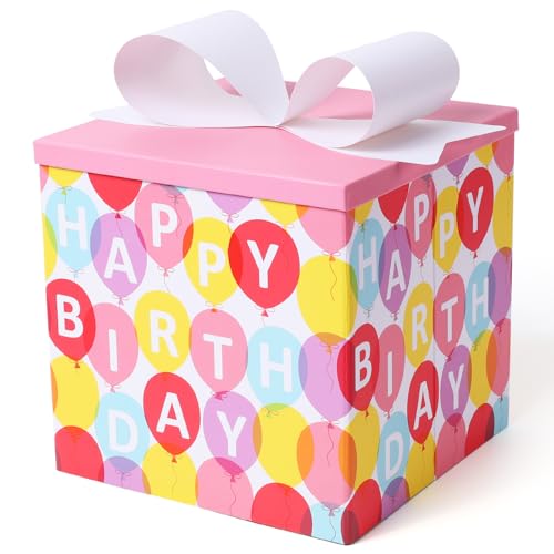 BIOBROWN Medium Birthday Gift Boxes with Lids for Presents, 9x9x9 Inches Pink Balloon Design Collapsible Gift Box for Birt...