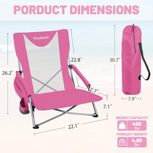 Youtanic Portable Beach Chair 2-Pack, 400 lbs Folding Camping Chair, Lightweight Low Profile Lawn Chair with Wide Seat, Cu...