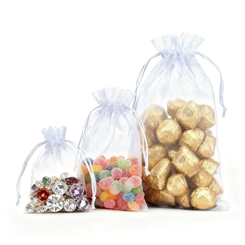 3 Size Organza Bags, 60 Pcs White Mesh Drawstring Gift Bags, Jewelry Pouches for Party Festival Candy Wedding Favors Chris...