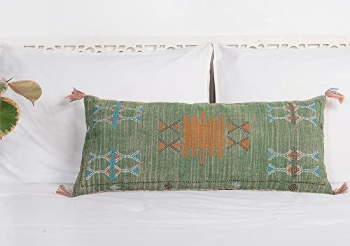 Extra Long Lumbar Pillow Cover (12 X 28 inches) | Hand-Woven Cactus Silk Green Pillow Linen Cover | Rustic Décor Bohemian ...