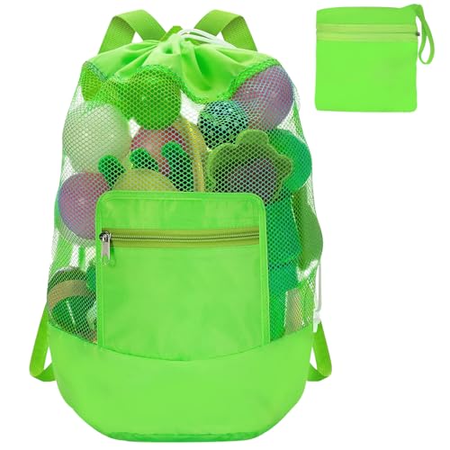 INVODA Mesh Beach Bag Drawstring Backpack - Foldable Lightweight Large Capacity, Adjustable Straps with Front Zipper Pocke...