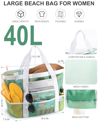 Genteen Mesh Beach Bag,Large Beach Totes for women Large Foldable Mesh Swimming Pool & Vacation Essentials Bag
