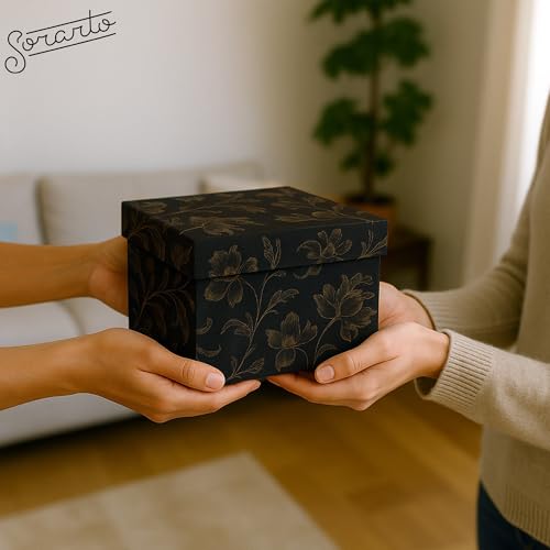 Sorarto Square Gift Boxes with Lids 4pc Set | Black Gold Floral Nesting Gift Boxes for Presents Birthday Wedding Bridesmai...