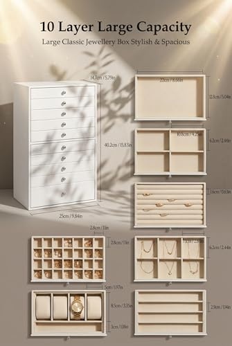 GUKA Large Jewelry Box, Jewelry Case with 10 Drawers for Big and Small Jewelry, Jewelry Storage Organizer for Watch Earrin...
