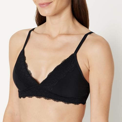 Amazon Essentials Women's Peached Microfibre with Lace Trim Lined V Neck Bralette
