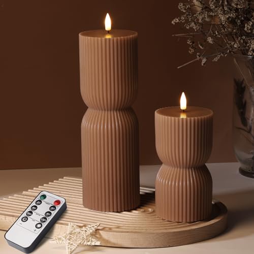 Girimax Warm Brown Ribbed Flameless Pillar Candles with Remote, Real Wax Flickering Battery LED Candles Christmas Decor Gi...