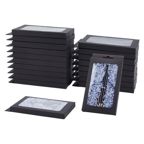BENECREAT 20 Pack Kraft Paper Boxes with Clear Window 7.5x4x1inch Black Gift Packaging Boxes for Bakery Cookies Cake Candy...
