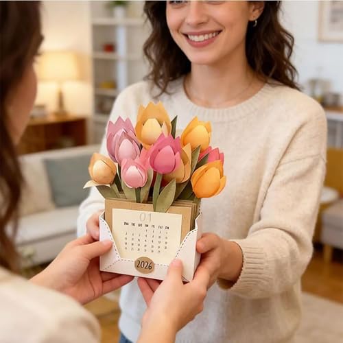 2026 Tulip Emotional Support Calendar, Blooming Paper Flower Calendar, DIY Handmade Paper Flower Envelope Basket Calendar...
