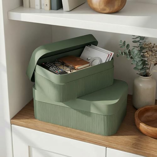 Decorative Storage Boxes with Lids – Set of 2 Beautiful Fluted Cardboard Organizer Bins for Your Home Bookshelf Decor to S...