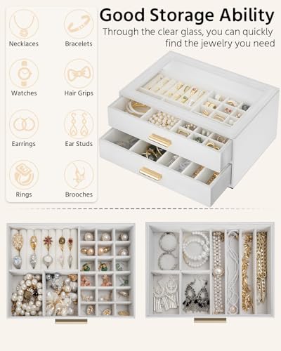 AKOZLIN Jewelry Box with Clear Lid Functional Leather Jewelry Storage Organizer Case 2 Drawers for Women Girls Necklace Ri...