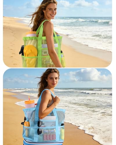 Genteen Beach Bag for Women, Mesh Tote Bags with Zipper, Sandproof Vacation Essentials with Cooler for Swim Cruise Pool