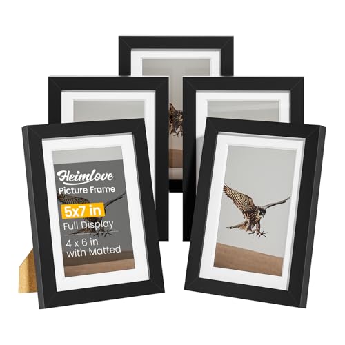 5x7 Picture Frame Set of 5,Display 4x6 Pictures with Mat or 5x7 without Mat, Black 4x6 Photo Frames Tabletop or Wall Mount...