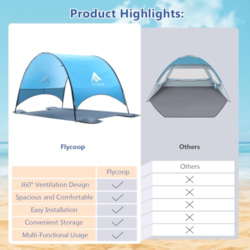 Flycoop 2026 Upgraded Beach Umbrella Canopy with UPF 50+ UV Protection – Portable Beach Tent for Sun, 360° Ventilation, 4 ...