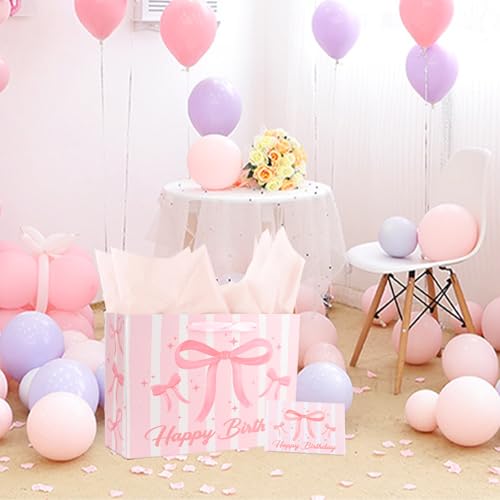 ACO-UINT Happy Birthday Gift Bags for Women Pink Bow Gift Bag with Tissue Paper and Ribbon Handles Pink Birthday Card, Cle...
