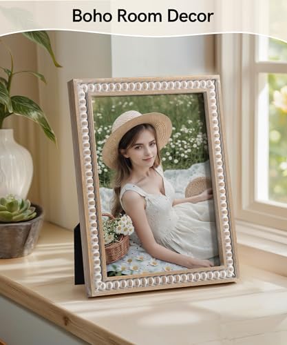 Maxpeuvon 5x7 Picture Frame, Natural Pine Wood Wall Mount Photo Frame Boho Distressed White Vintage Rustic Tabletop Displa...