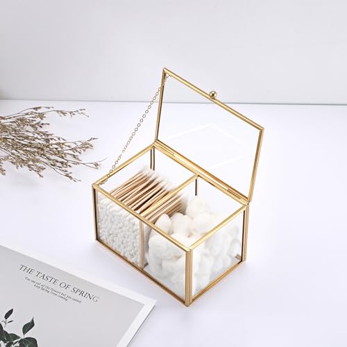 Hipiwe 2 Slots Glass Qtip Holder Gold Q-tip Storage Box with Lid Bathroom Accessories Container for Cotton Balls Cotton Sw...