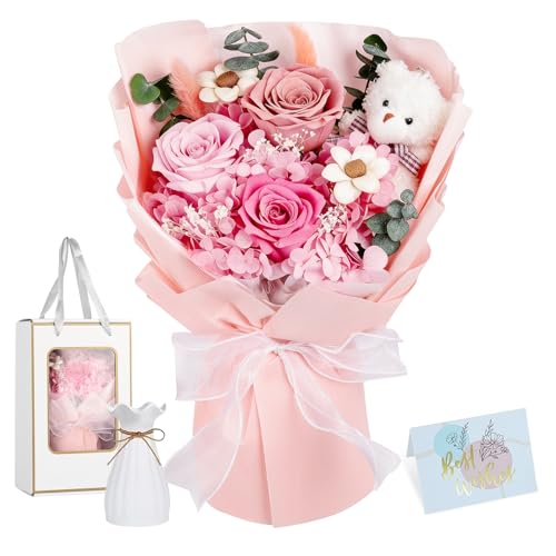 Shearly Preserved Flowers Bouquet with Bear, Forever Flowers with Gift Box, Long-Lasting Eteranl Roses Bouquet, Anniversar...