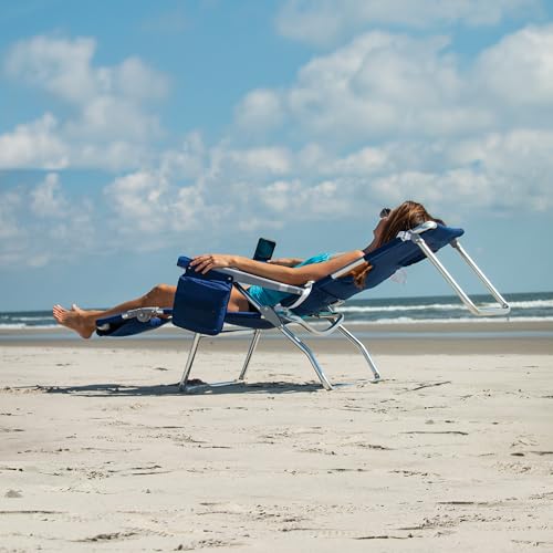 Tommy Bahama 4-Position Face-Opening Read Through Lounger with Ottoman, Portable Folding Beach Chair, Navy