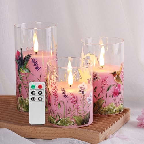 Eywamage Pink Hummingbird Floral Glass Flameless Candles with Remote, Flickering Battery LED Pillar Candles Set of 3, Spri...