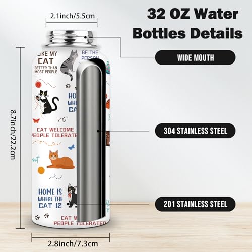 Cats Gifts for Women, 32 oz Insulated Water Bottle, Stainless Steel Sports Travel Bottles, Cute Cat Water Bottles Gifts fo...